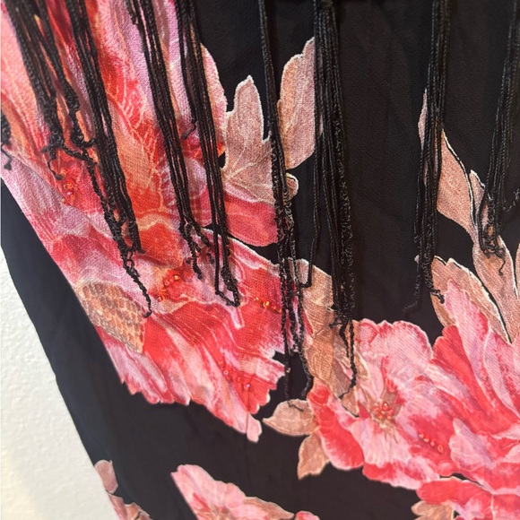 Vintage Whimsigoth Boho Fairycore Black Floral Fringe Chiffon Dress Beaded - Picture 4 of 15